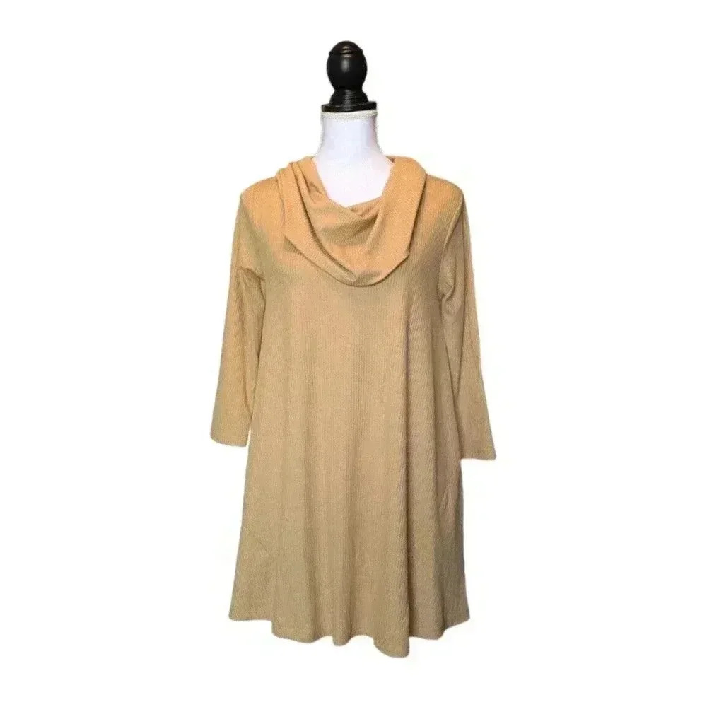 Last Tango Heather Tan Beige Ribbed Cowl Neck 3/4 Sleeve Tunic Top New One Size